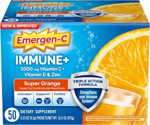 Emergen-C Immune+ Triple Action Immune Support Powder. BetaVia (R). 1000mg Vitamin C. B Vitamins. Vitamin D and Antioxidants. Super Orange. Back to School Essentials – 50 Count