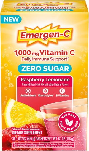 Emergen-C Zero Sugar 1000 mg Vitamin C Powder for Daily Immune Support Caffeine Free Vitamin C Supplements with Zinc and Manganese. B Vitamins and Electrolytes. Raspberry Lemonade Flavor - 36 Count