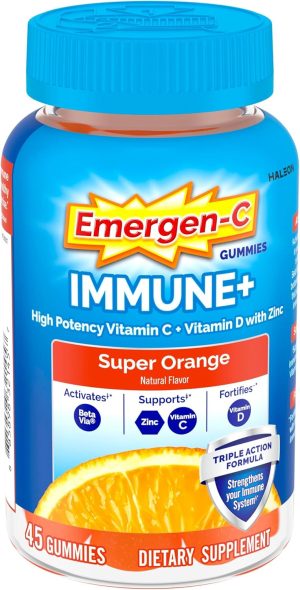 Emergen-C Immune+ Triple Action Immune Support Gummies. BetaVia (R). 1000mg Vitamin C. B Vitamins. Vitamin D and Antioxidants. Super Orange. Back to School Essentials - 45 Count