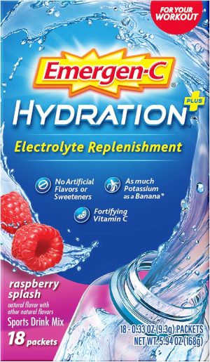 Emergen-C Hydration+ Sports Drink Mix With Vitamin C (18 Count. Raspberry Flavor). Electrolyte Replenishment. 0.33 Ounce Powder Packets