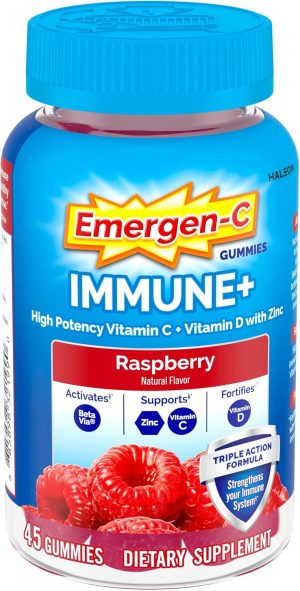 Emergen-C Immune+ Triple Action Immune Support Gummies. BetaVia (R). 1000mg Vitamin C. B Vitamins. Vitamin D and Antioxidants. Raspberry. Back to School Essentials – 45 Count