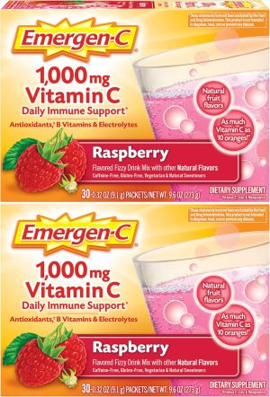Emergen-C 1000mg Vitamin C Powder. with Antioxidants. B Vitamins and Electrolytes. Vitamin C Supplements for Immune Support. Caffeine Free Drink Mix. Raspberry Flavor - 60 Count/2 Month Supply