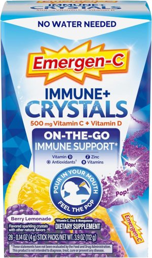 Emergen-C Immune Plus Crystals. On-The-Go Immune Support Supplement with Vitamin C. Vitamin D. B Vitamins. Zinc and Manganese. Berry Lemonade. Back to School Essentials - 28 Stick Packs